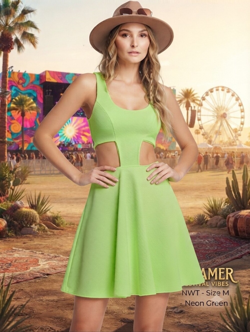 Better B Wasteland Neon Green Cutout Skater Dress Medium Festival Vibes